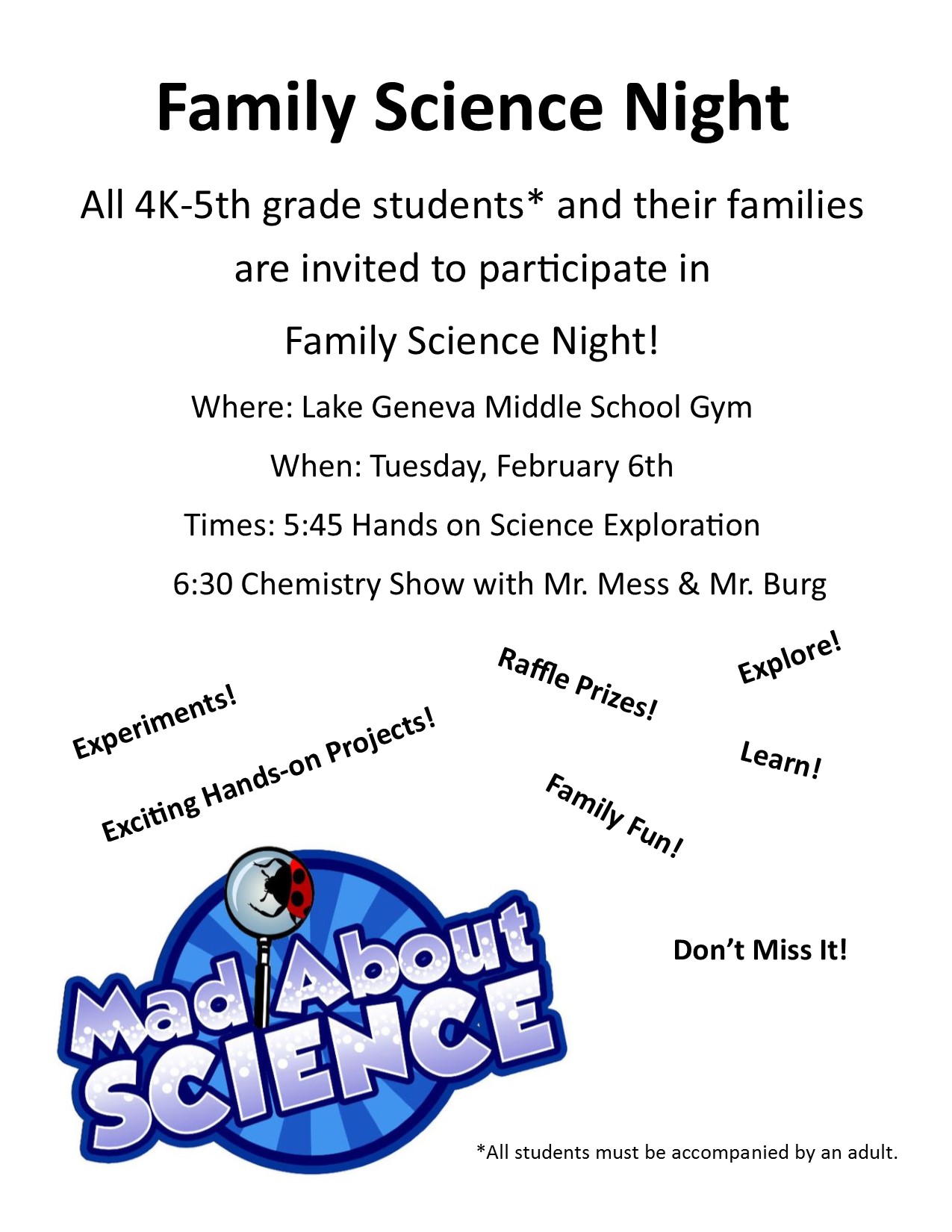 Family Science Night Tuesday, February 6th